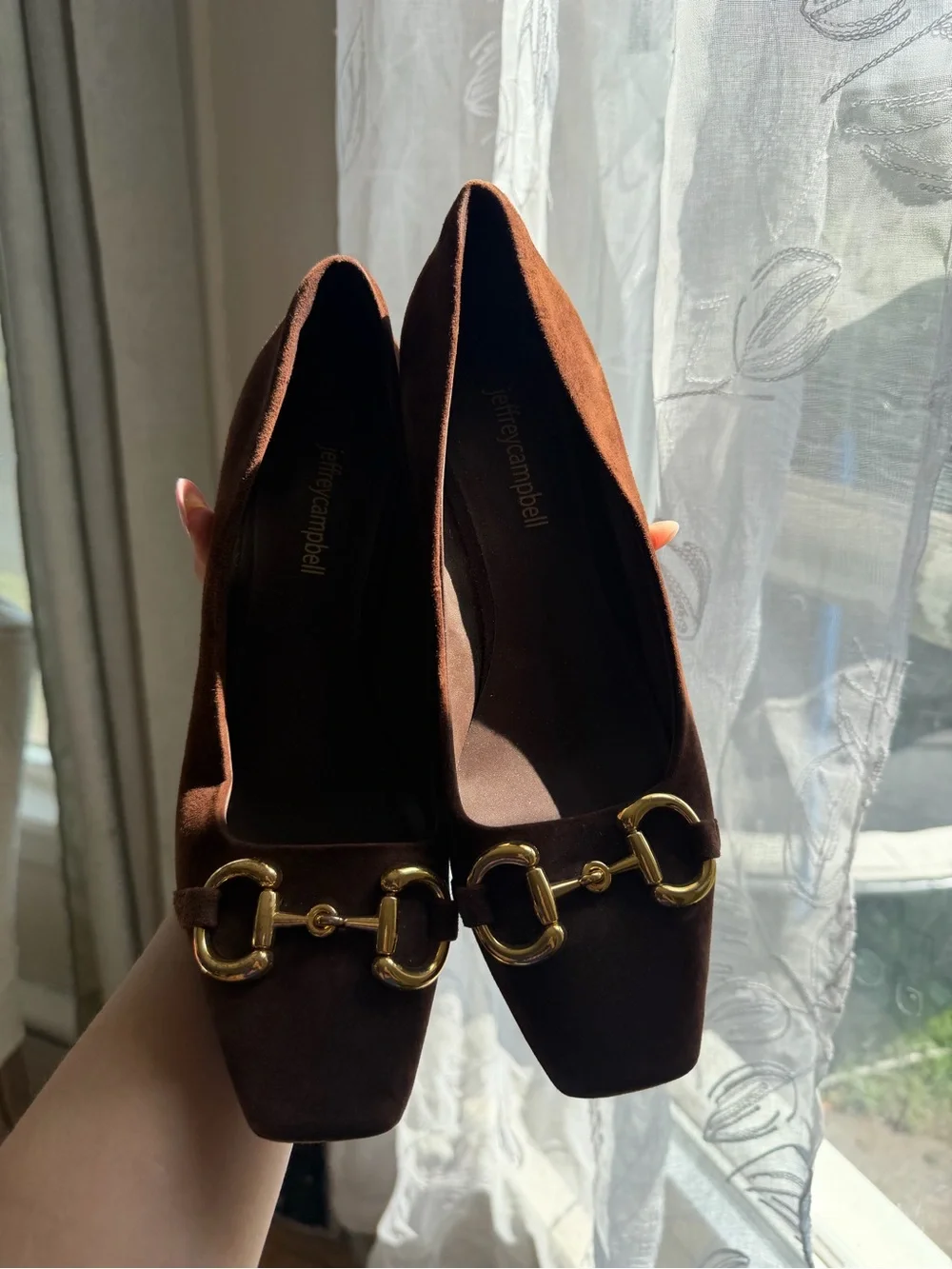 James Campbell Brown Suede Pointed-Toe Heels with Gold Hardware